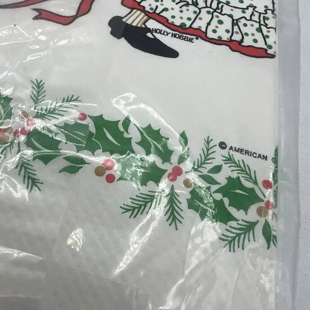 Vtg Christmas Holly Hobbie Cat Paper Table Cover Tablecloth 52x96 80s Grannycore